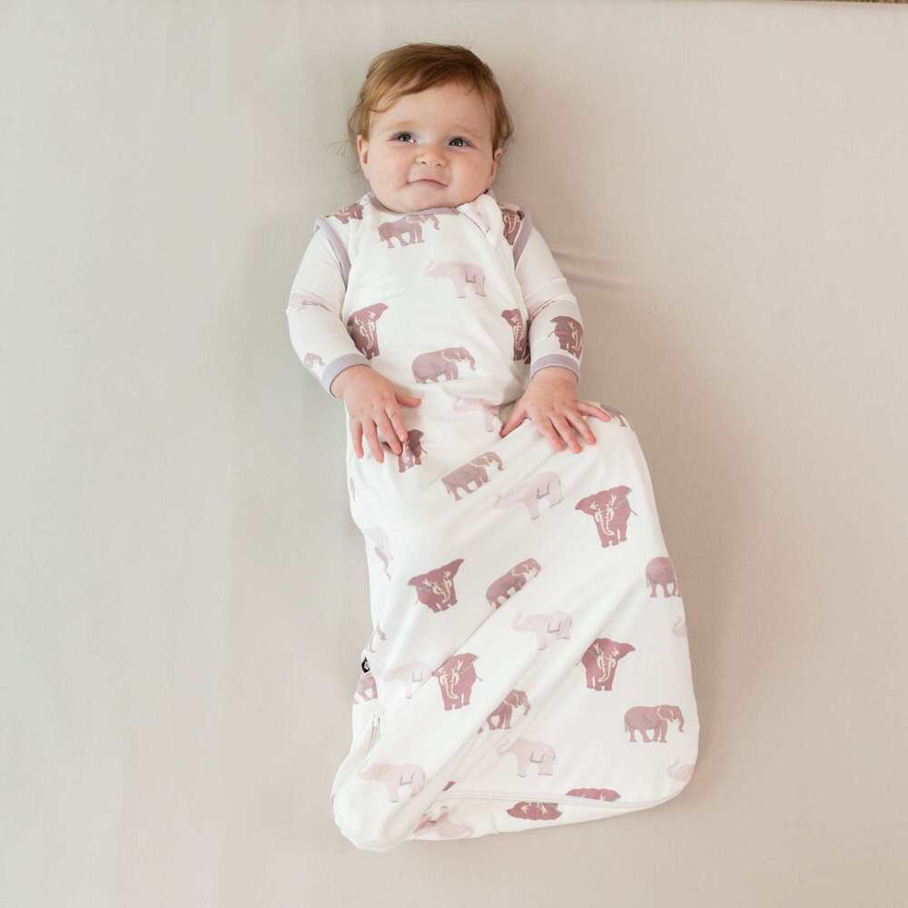 Kyte BABY White Sleep Sack with Mauve Elephant Print